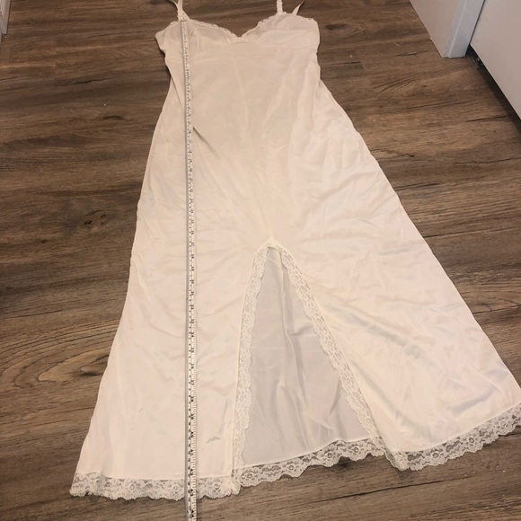 vtg Lace Trimmed Long Nightgown Slip Ribbon Straps Front Slit Sz Small - Picture 6 of 9